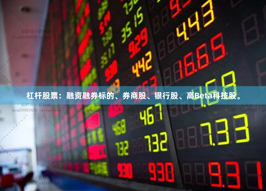 杠杆股票：融资融券标的、券商股、银行股、高Beta科技股。